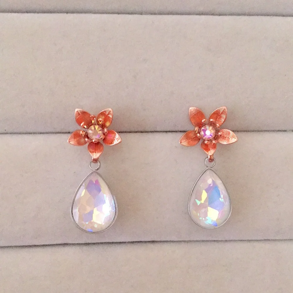 Iridescent White Aurora Borealis + Rose Gold Crystal Flower Drop Earrings
